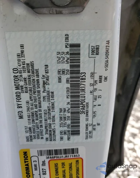 2018 Ford Fusion Se Hybrid from USA, damaged, VIN 3FA6P0LU1JR171853